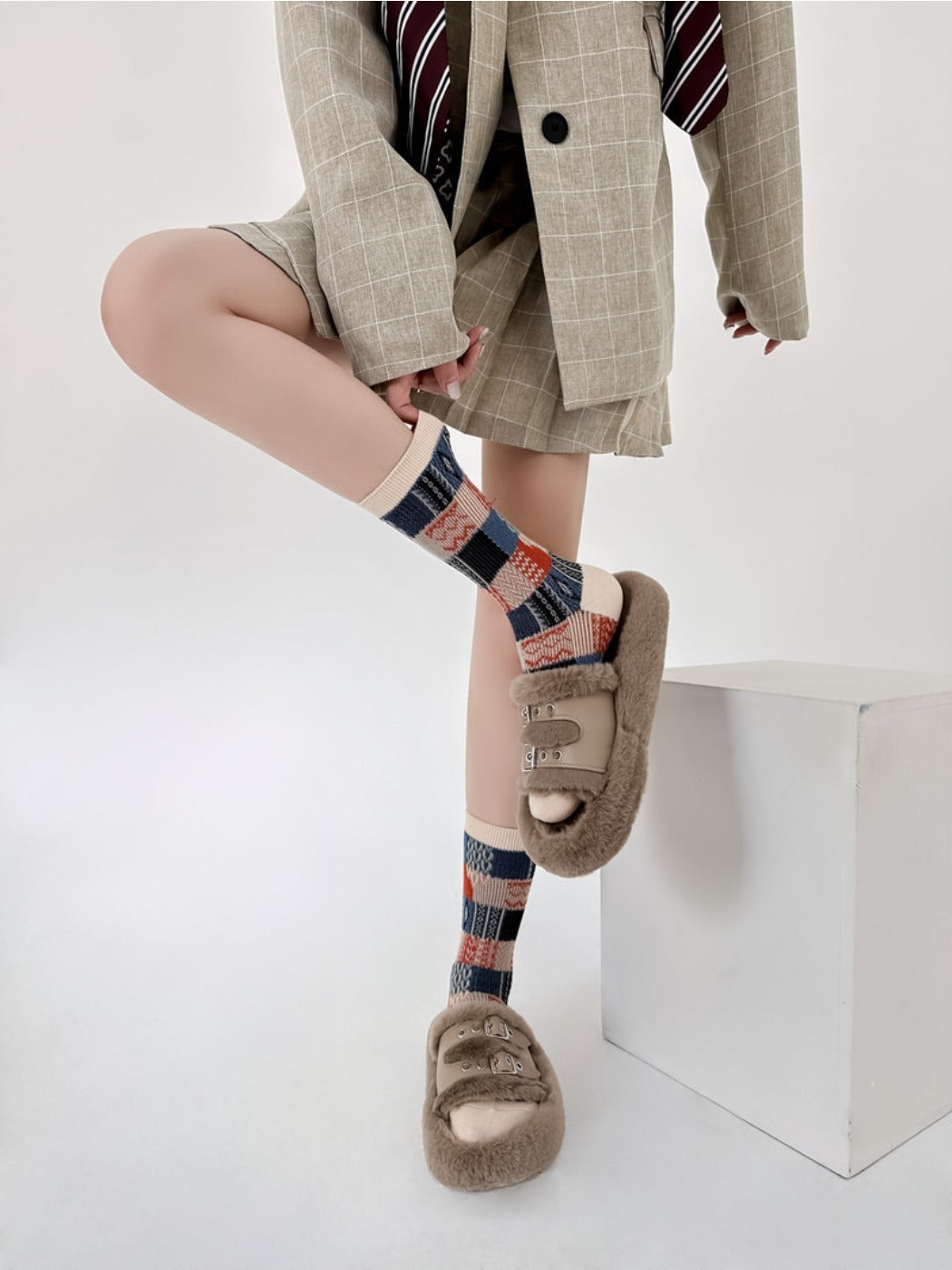 Rufia - Retro Plaid Colorblock Crew Socks