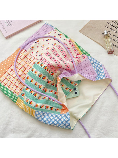 Side view of Cosbai pastel patchwork shopper tote showing patchwork design and stitching details
