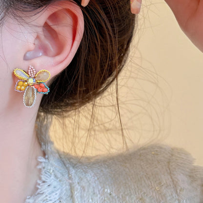 Earwish - Yellow Beaded Flower Earrings - Chic & Delicate