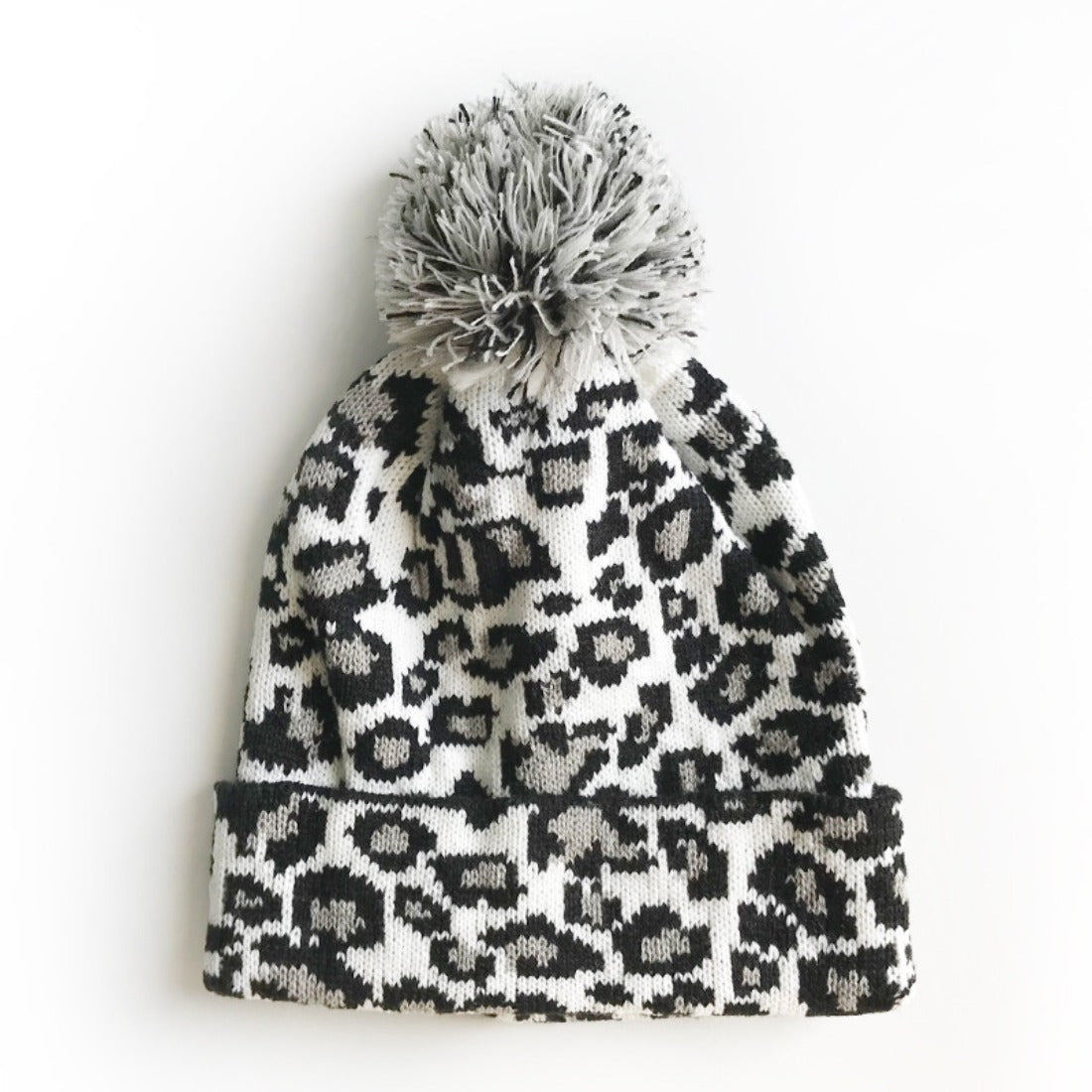 Haila - Leopard Print Winter Knit Hat with Pom-Pom