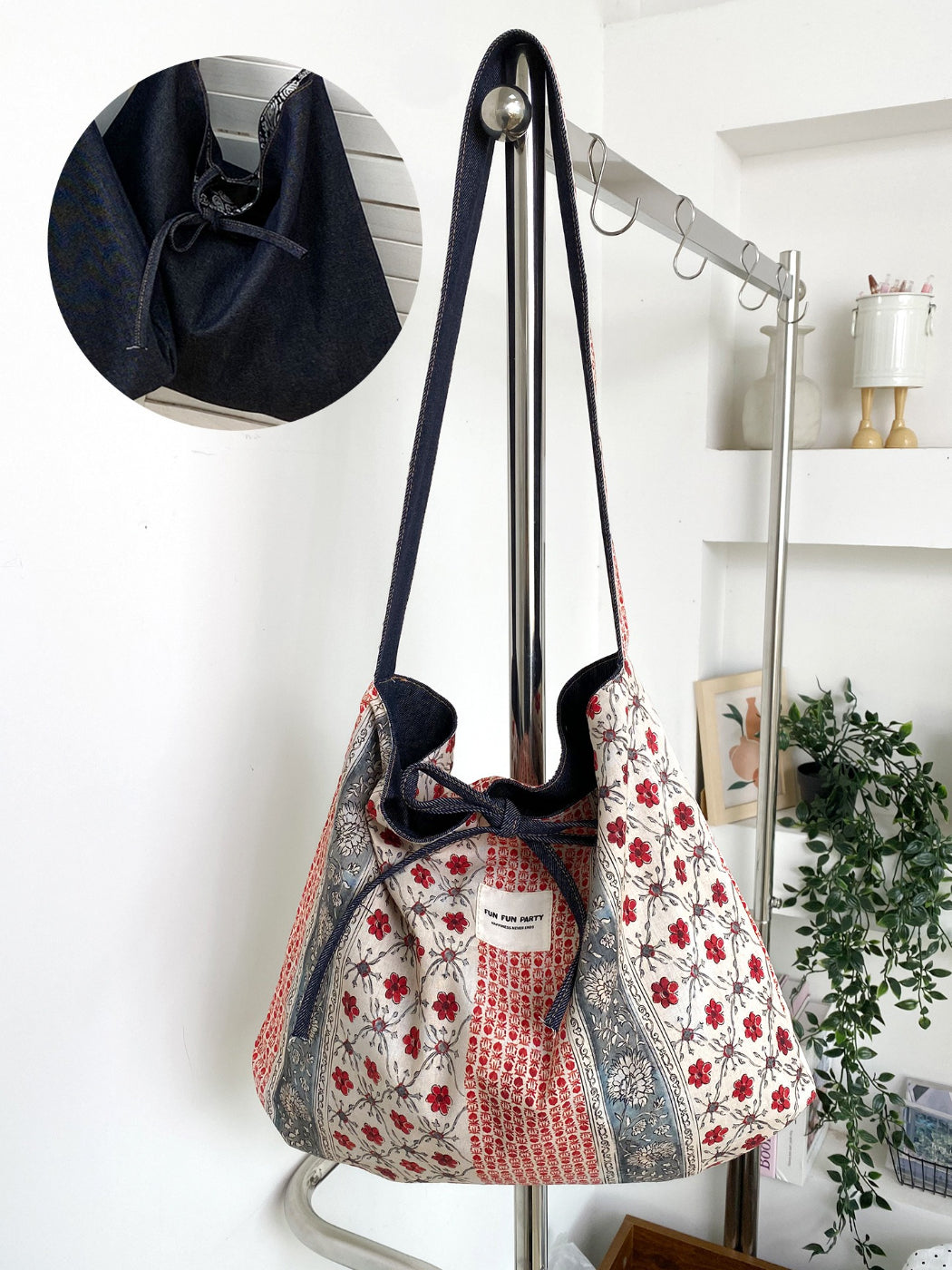 Cosbai patchwork shoulder bag worn over shoulder by model