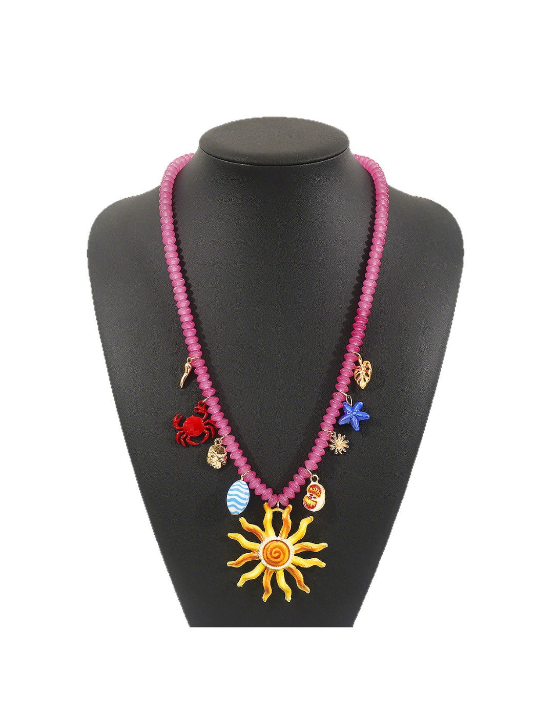Color Charm beaded necklace displayed flat with beads in various bright colors