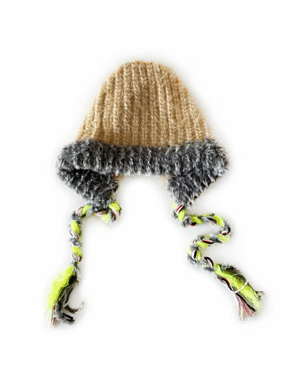 Haila - Winter Color Block Knitted Beanie with Tassel Braids
