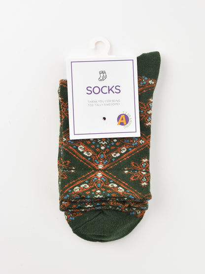 Rufia - Retro Mid-calf Socks with Diamond Floral Patterns