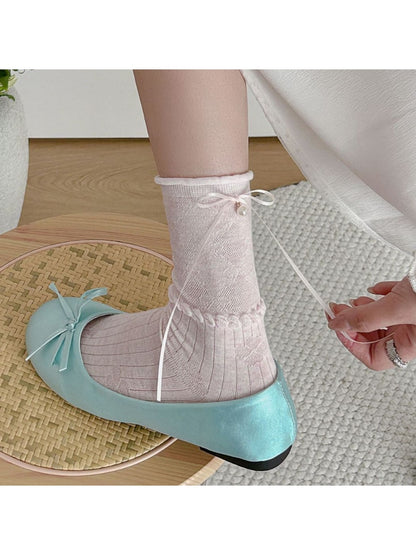 Rufia - Ribbon Bow Detail Rolled Cuffs Crew Socks