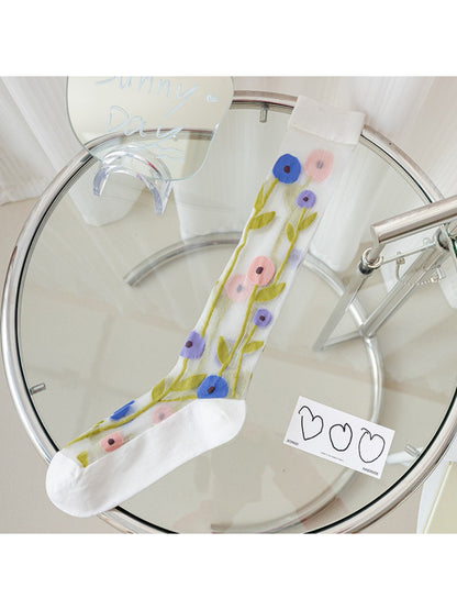 Side view of Rufia Bloom mesh knee high socks highlighting mesh texture