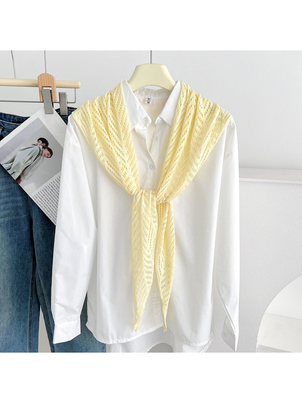 Scarvii - Openwork Knit Solid Color Triangle Scarf