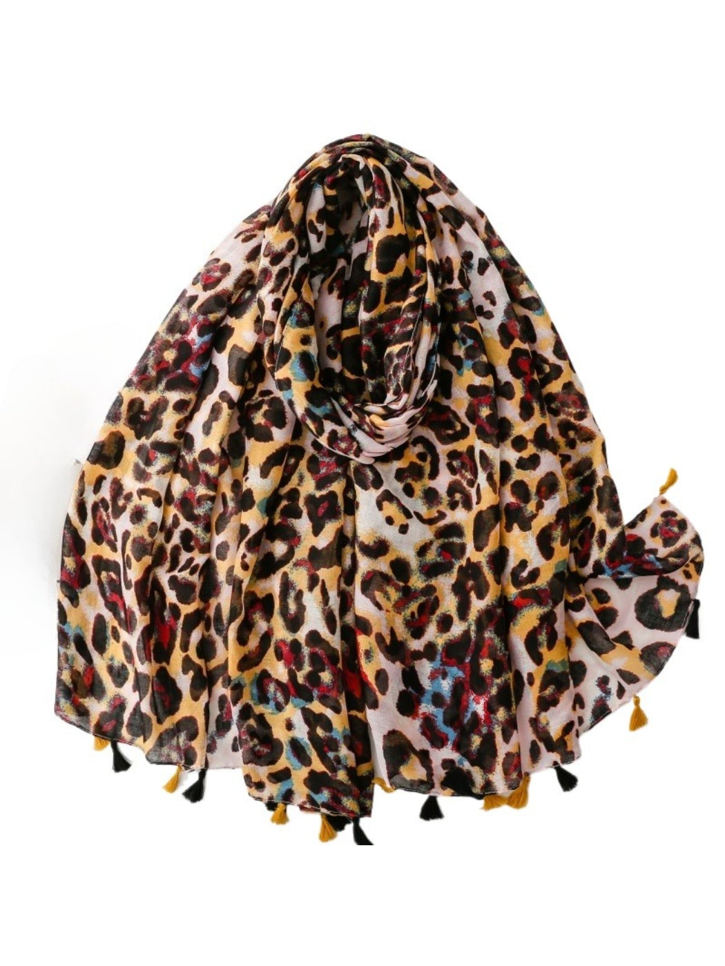 Colour Splash Leopard Tassel Scarf folded showing vibrant leopard print and tassel edges