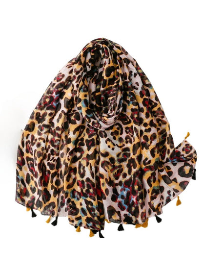 Colour Splash Leopard Tassel Scarf folded showing vibrant leopard print and tassel edges