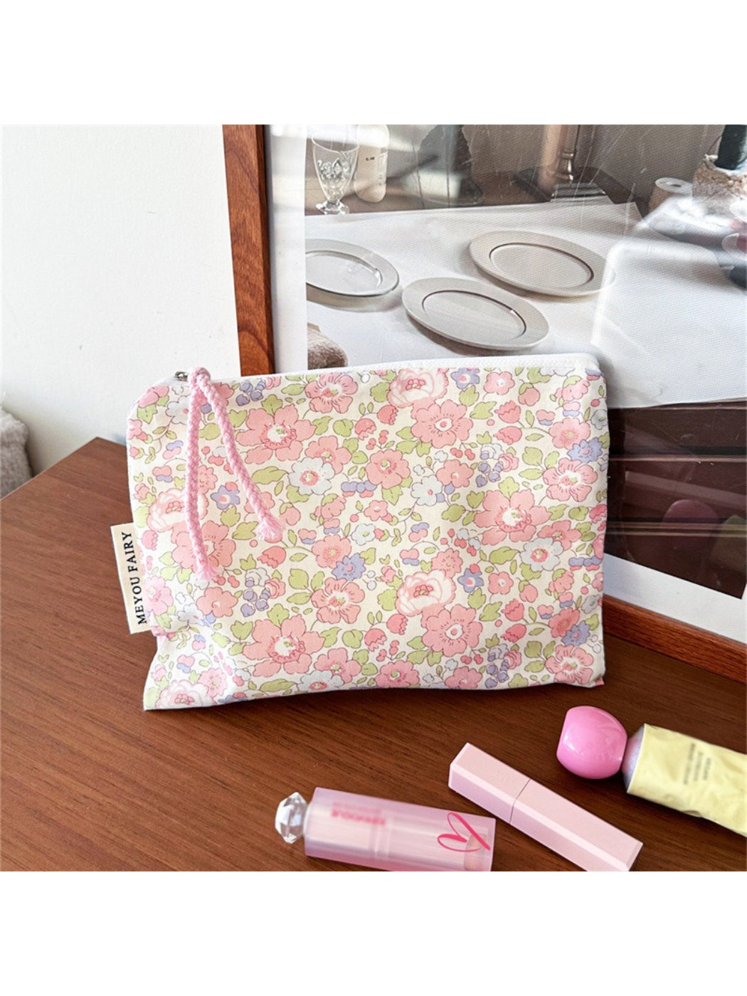 Cosbai floral cartoon cosmetic bag featuring a mix of floral and cartoon elements in bright colors