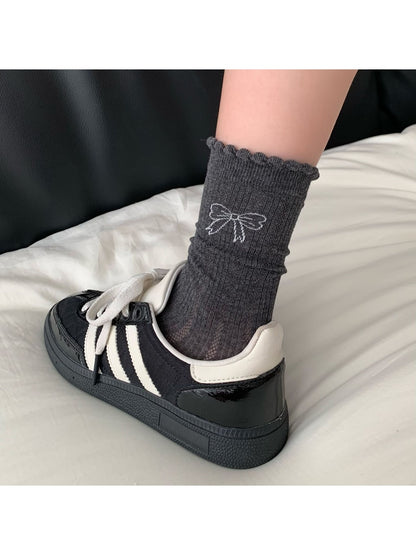 Rufia - Ribbed Mesh Bow Pattern Crew Socks