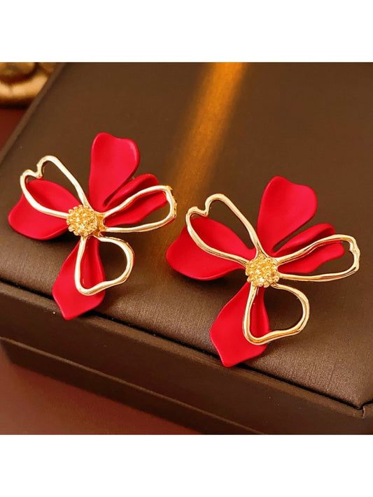 Earwish - Elegant Red & Gold Floral Earrings - Simple & Chic