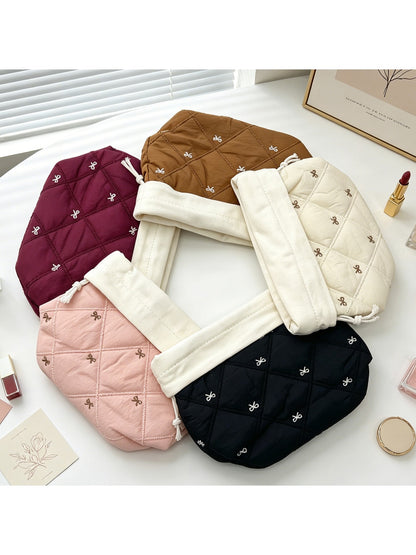 Cosbai - Bow Detail Quilted Drawstring Makeup Bag