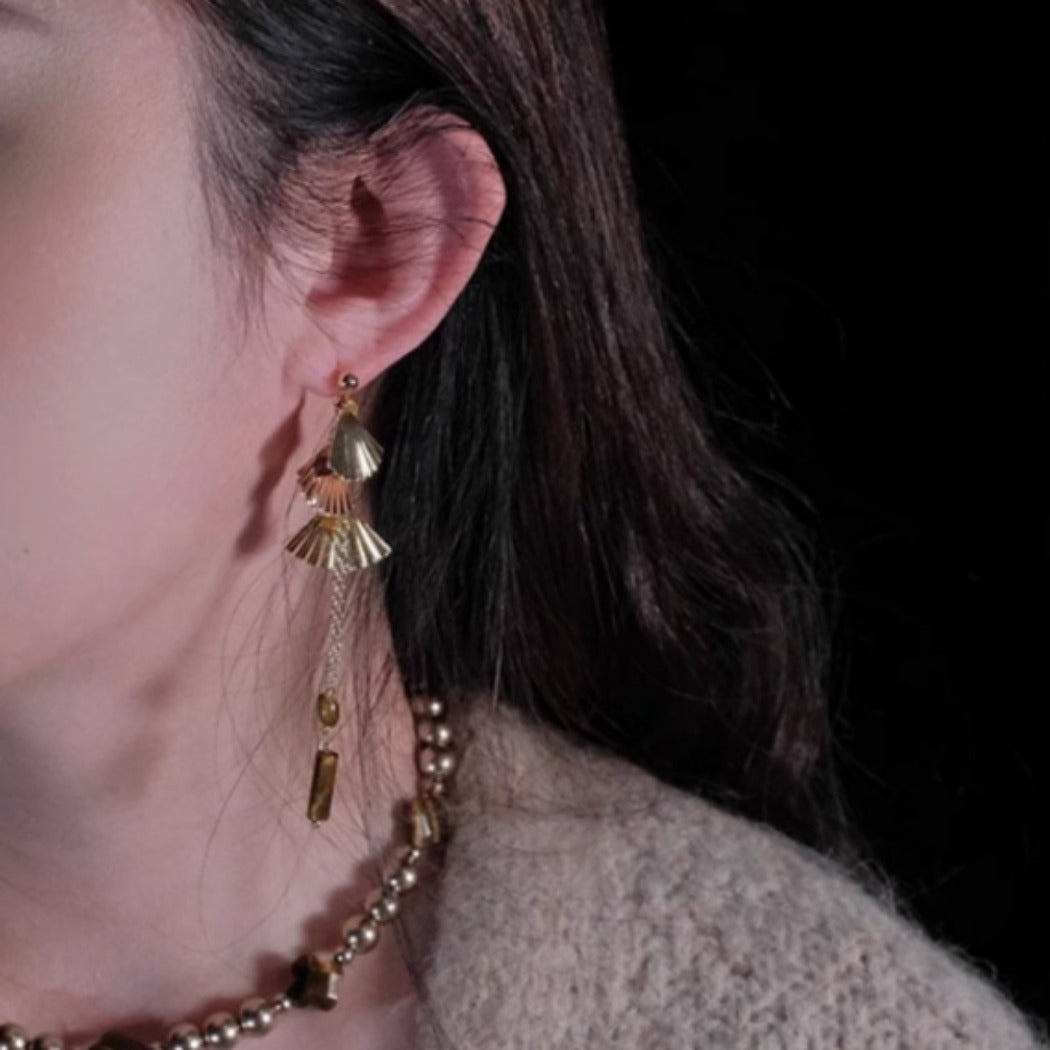 Earwish - Golden Fan & Bead Earrings - Classic & Chic