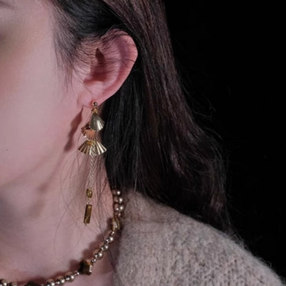Earwish - Golden Fan & Bead Earrings - Classic & Chic