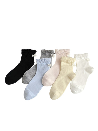 Rufia - Solid Color Bow Detail Fashion Crew Socks