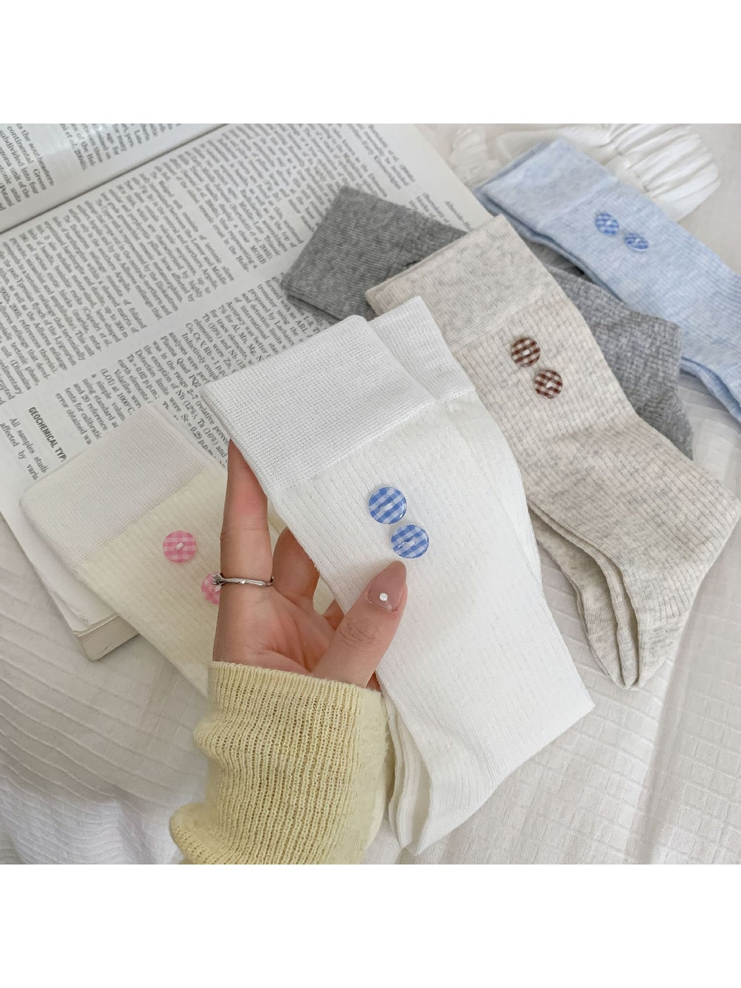 Rufia - Button Detail Ribbed Solid Color Crew Socks
