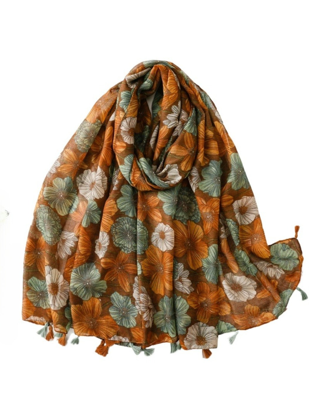 Scarvii Garden Bloom Tassel Scarf draped over a chair highlighting colors and texture