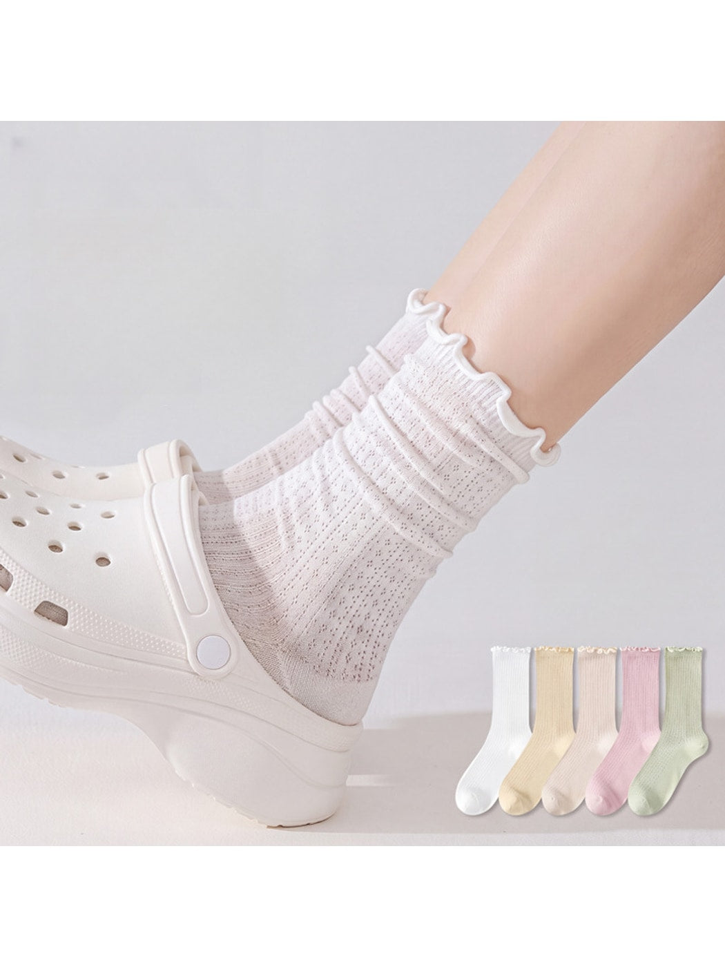 Rufia - Solid Color Ruffle Openwork Casual Crew Socks