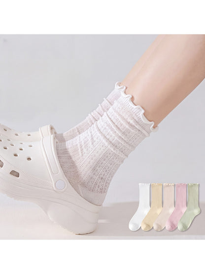 Rufia - Solid Color Ruffle Openwork Casual Crew Socks