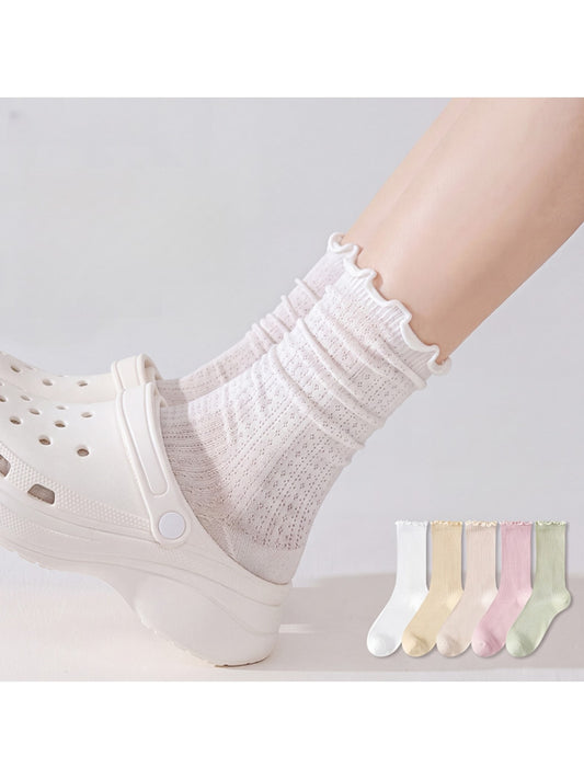 Rufia - Solid Color Ruffle Openwork Casual Crew Socks