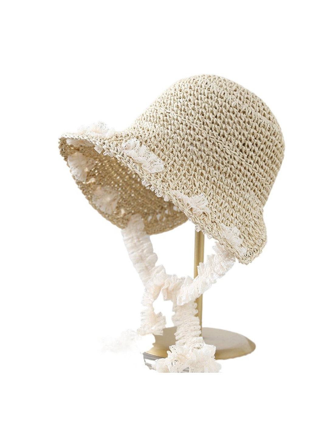 Haila lace trim woven bucket hat photographed from above