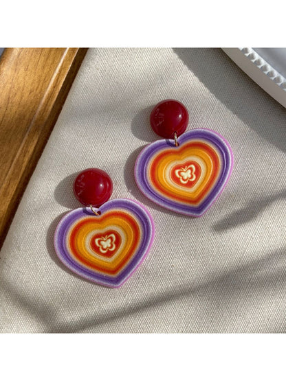 Earwish Rainbow Heart Drop Earrings with multicolored stones on silver hooks