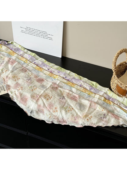 Scarvii - Blocks and Floral Print Wavy Edge Triangle Scarf