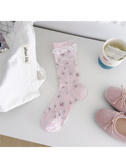 Rufia Romantic Lace Cuff Crew Socks styled with a skirt and casual footwear