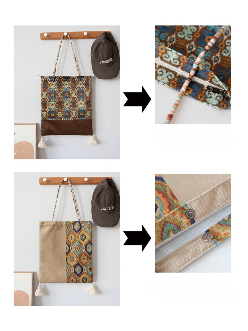 Cosbai Boho Ethnic Tassel Tote bag with ethnic pattern and tassels displayed on fabric background