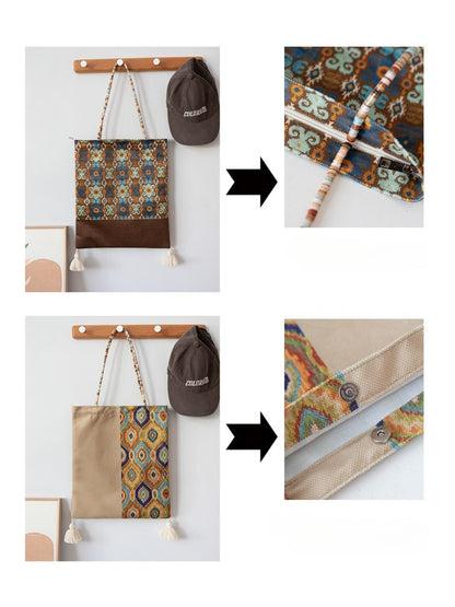 Cosbai Boho Ethnic Tassel Tote bag with ethnic pattern and tassels displayed on fabric background