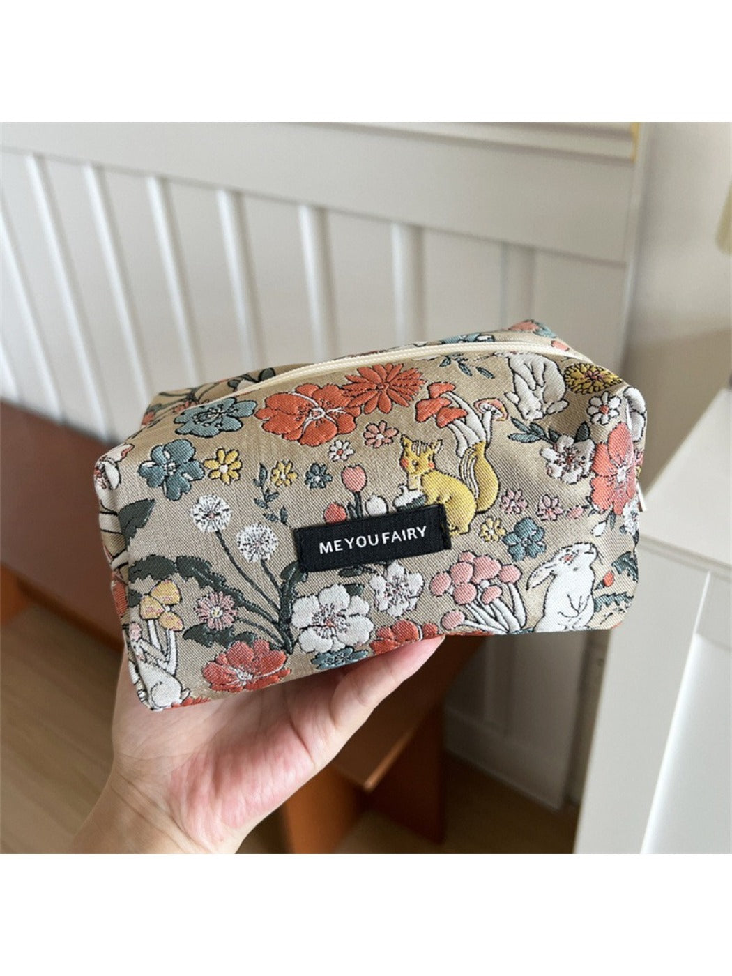Close-up of Cosbai Floral Bunny Makeup Pouch showing detailed bunny and flower pattern