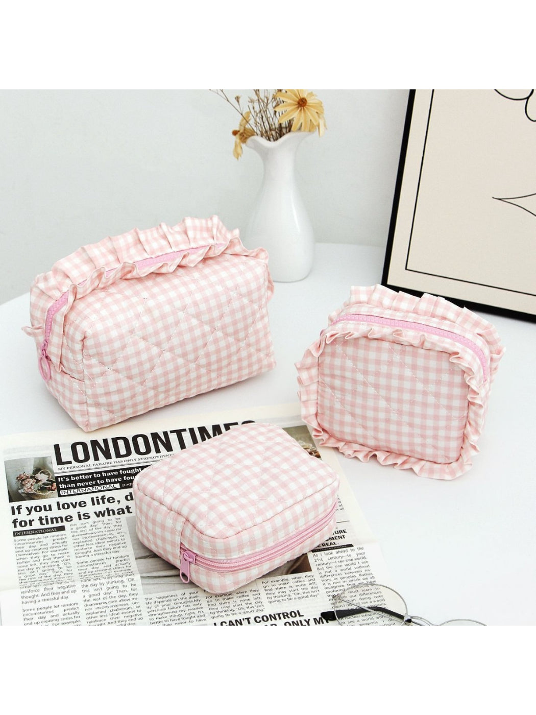 Cosbai checkered makeup pouch trio with ruffle trim displayed on white background