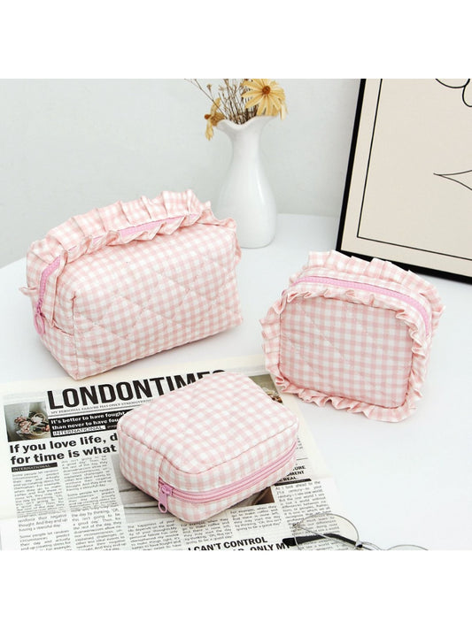 Cosbai checkered makeup pouch trio with ruffle trim displayed on white background