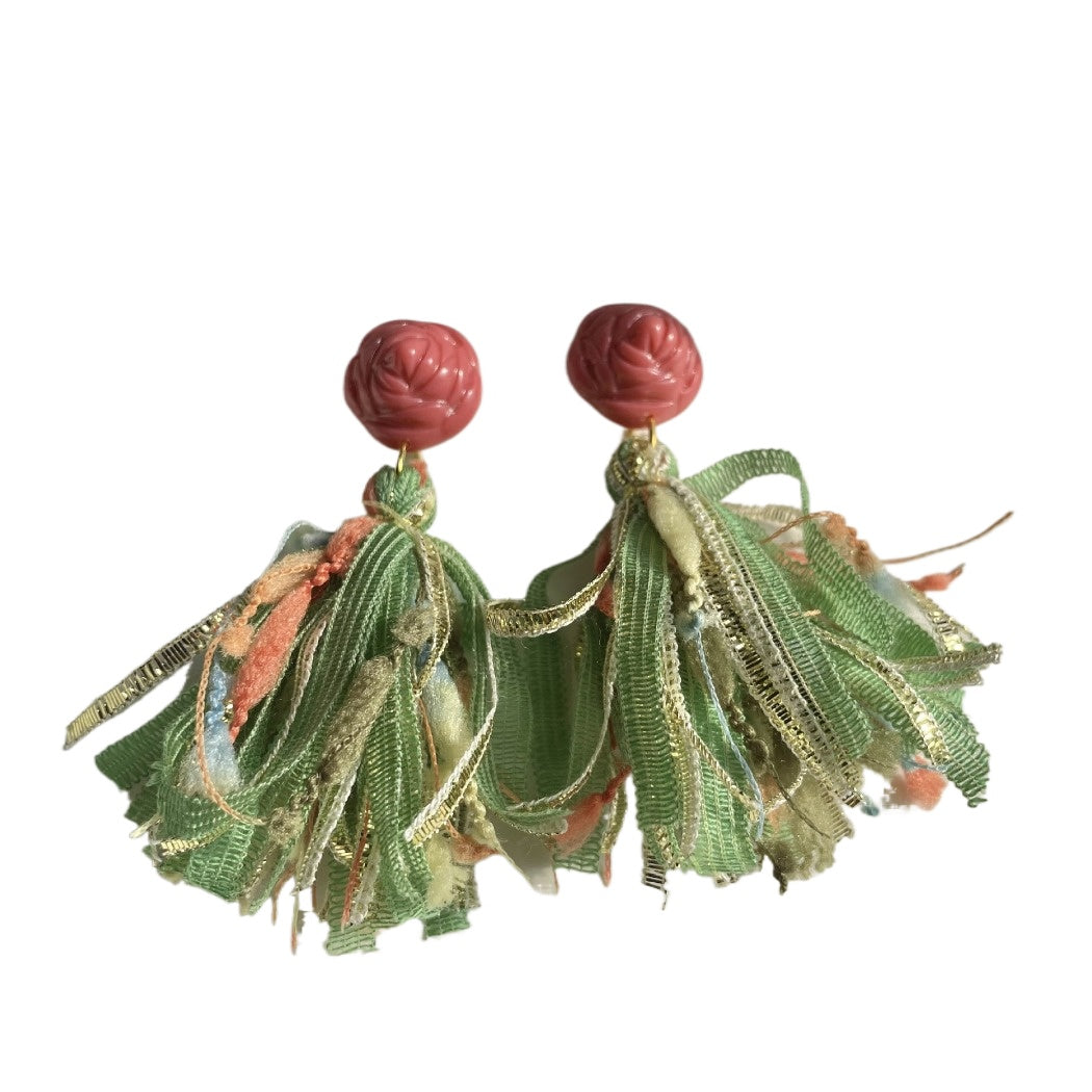 Earwish - Rose And Green Tassel Earrings - Vintage & Elegant