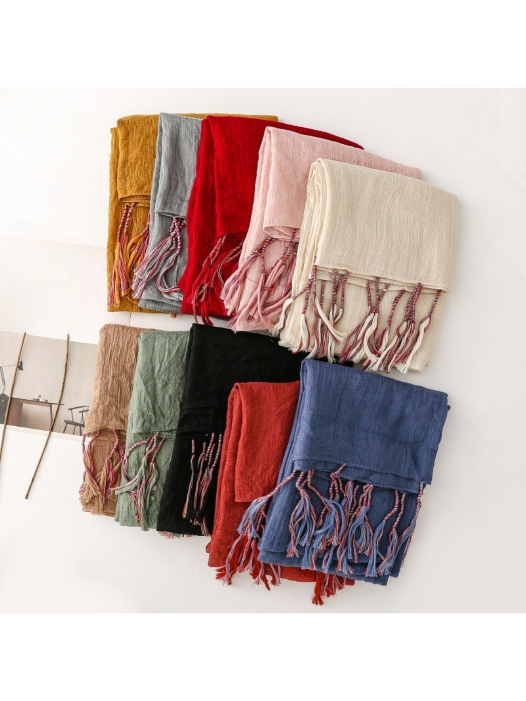 Scarvii - Light Crinkled Texture Tassel Edge Scarf