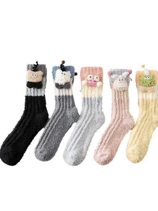 Rufia - Winter Coral Fleece Mid-Calf Socks with 3D Cartoon Accent