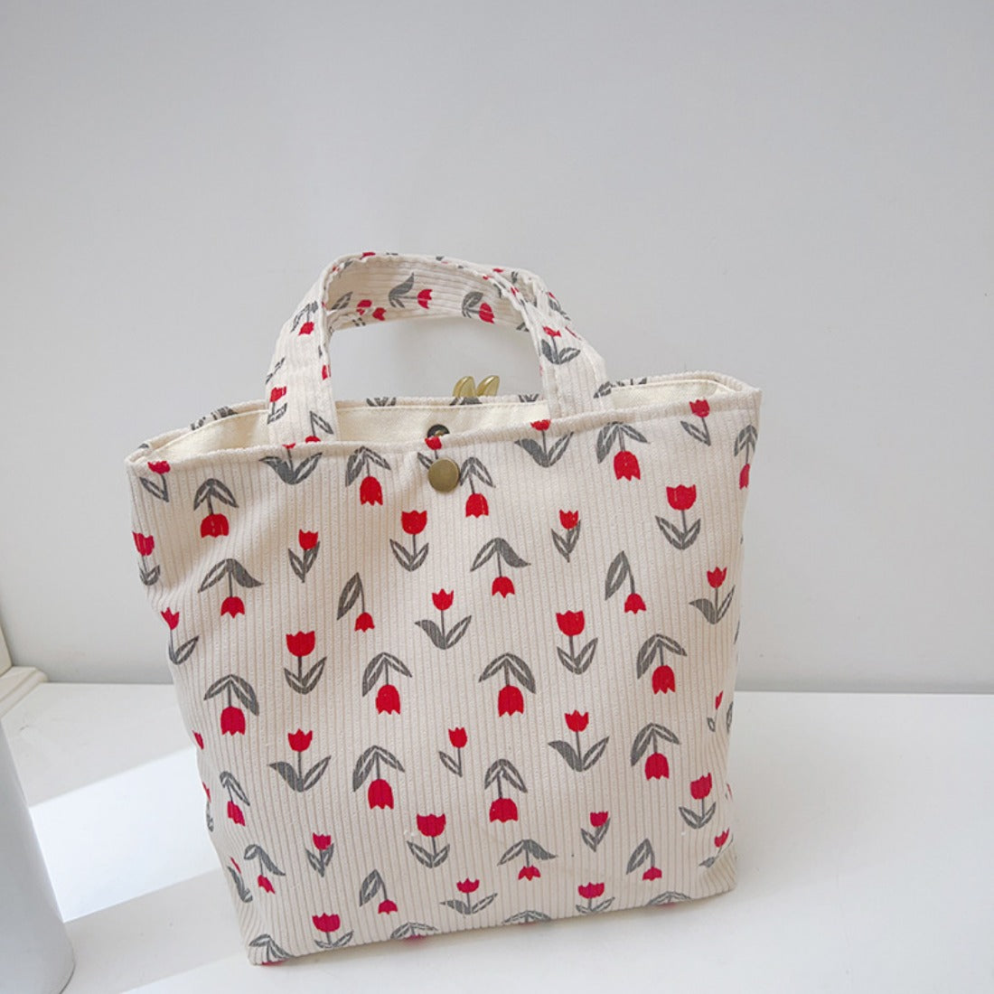 Cosbai - Corduroy Tulip Print Small Tote Bag