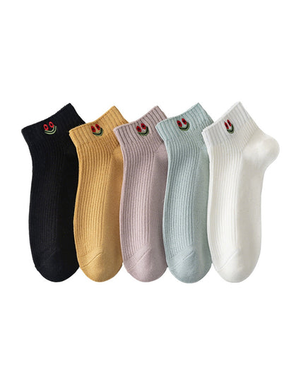 Rufia - Smiley Face Embroidered Ribbed Ankle Socks