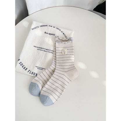 Rufia Lettuce Edge Stripe Crew Socks folded to show texture and fabric