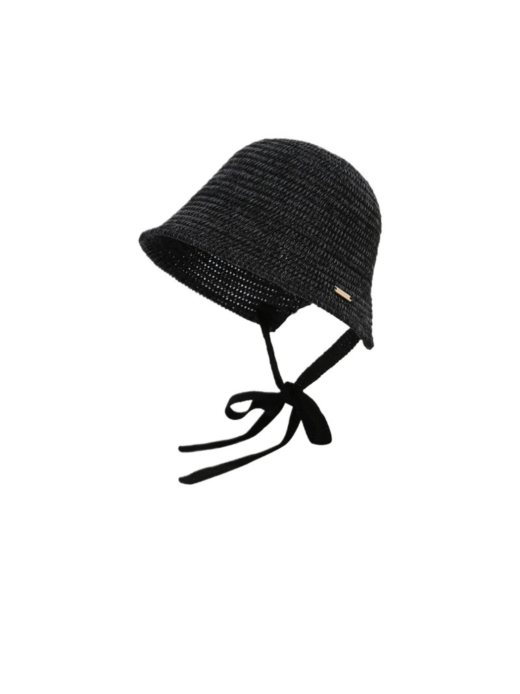 Side view of Haila woven straw bucket hat highlighting the ribbon tie detail