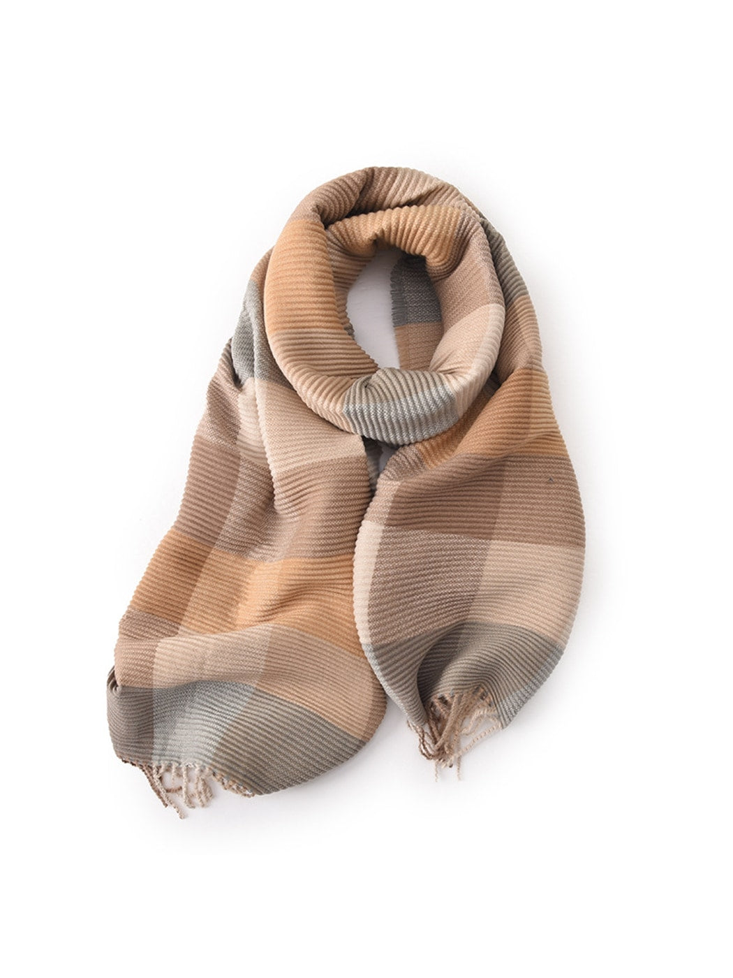 Scarvii - Ribbed Colorblock Plaid Fringed Scarf