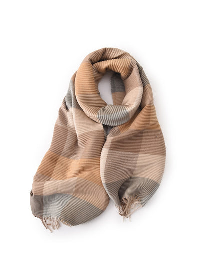 Scarvii - Ribbed Colorblock Plaid Fringed Scarf