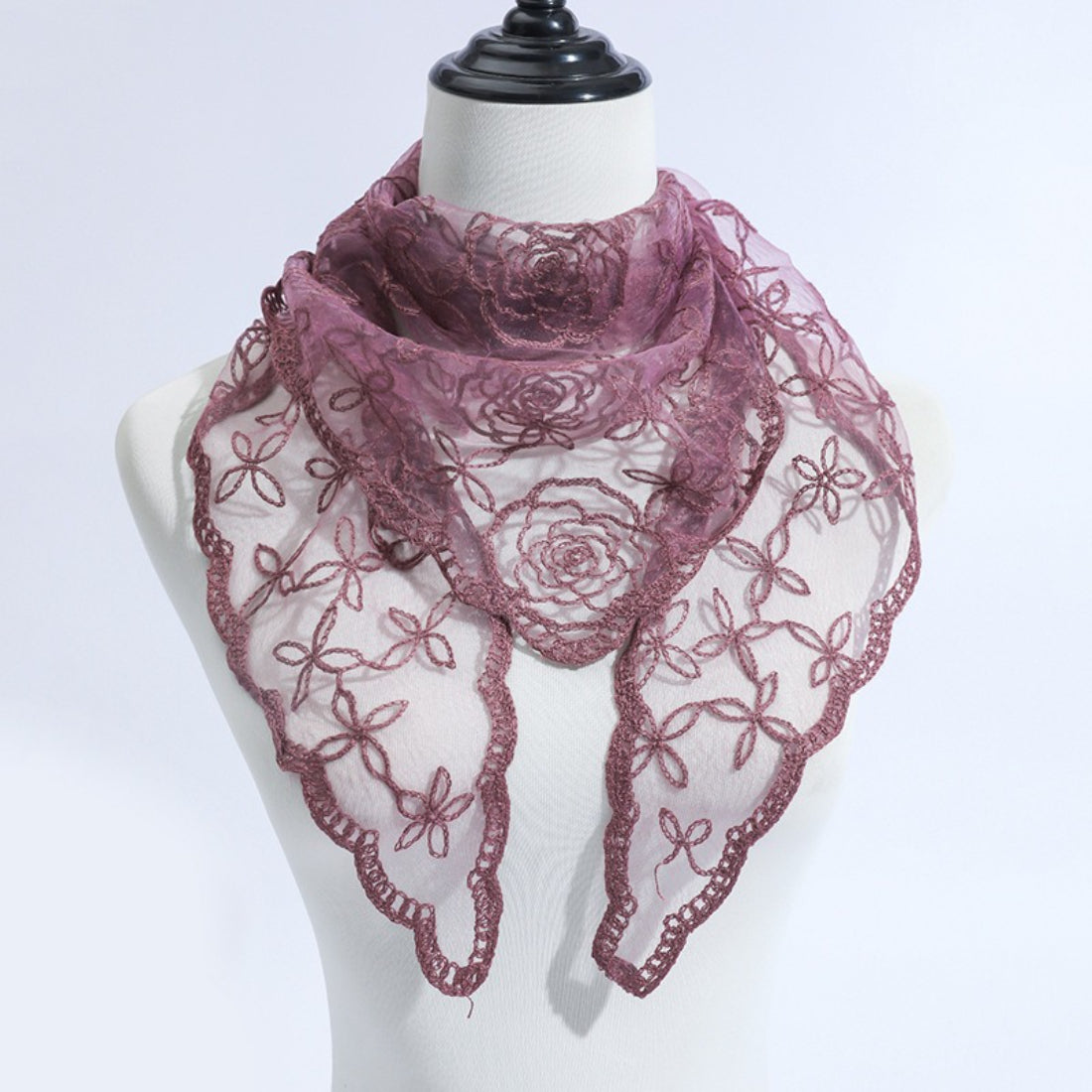 Detailed shot of rose vine lace embroidery on Haila veil scarf