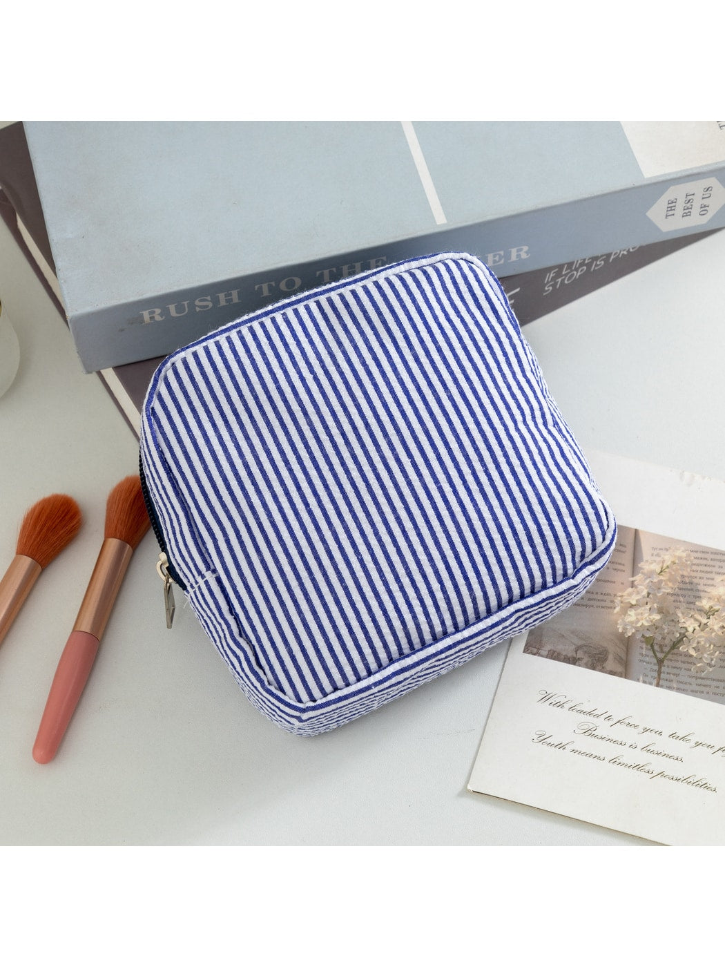 Cosbai - Pinstripes Zipper Cosmetic Organizer Bag