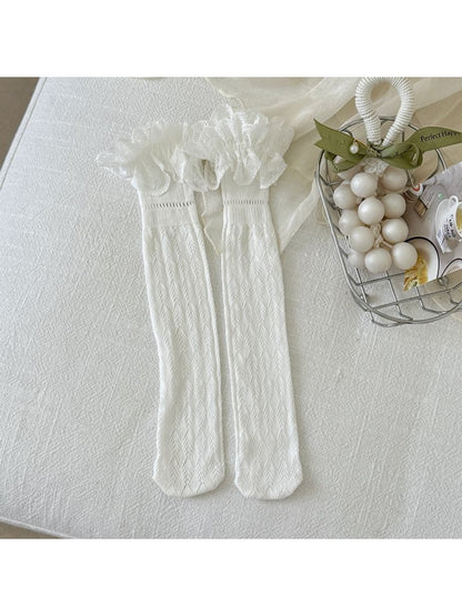 Rufia - Retro Lace Ruffle Trim Openwork Crew Socks