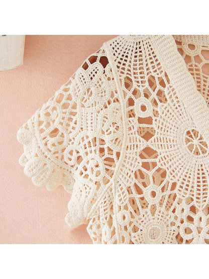 Crosa - Vacation Style V-Neck Hollow Out Knit Cardigan