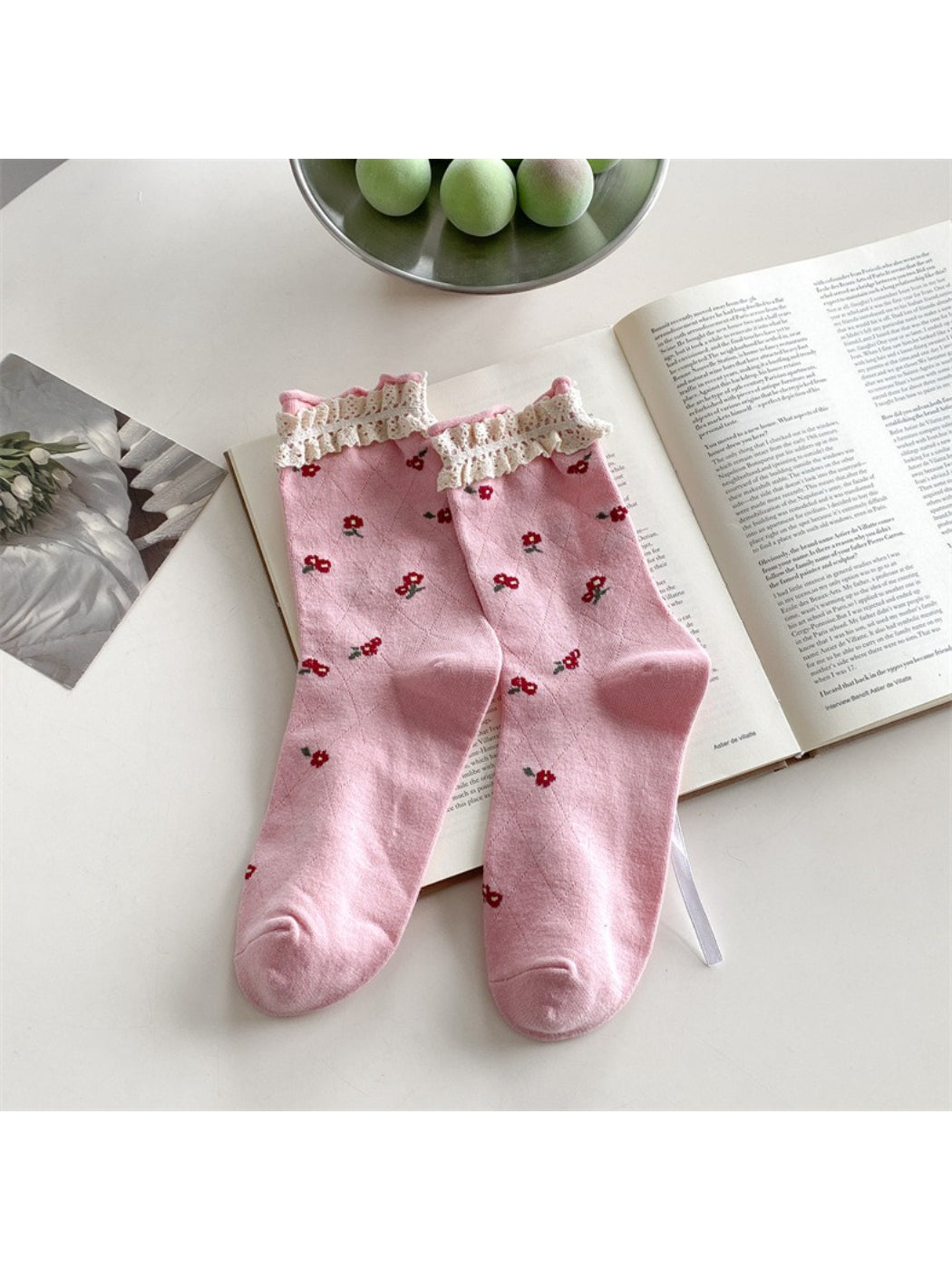 Rufia - Lace Trim Floral Crew Socks