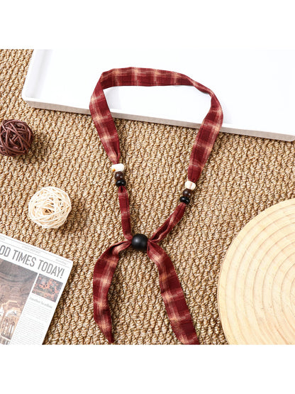 Scarvii - Retro Plaid Print Beaded Narrow Scarf