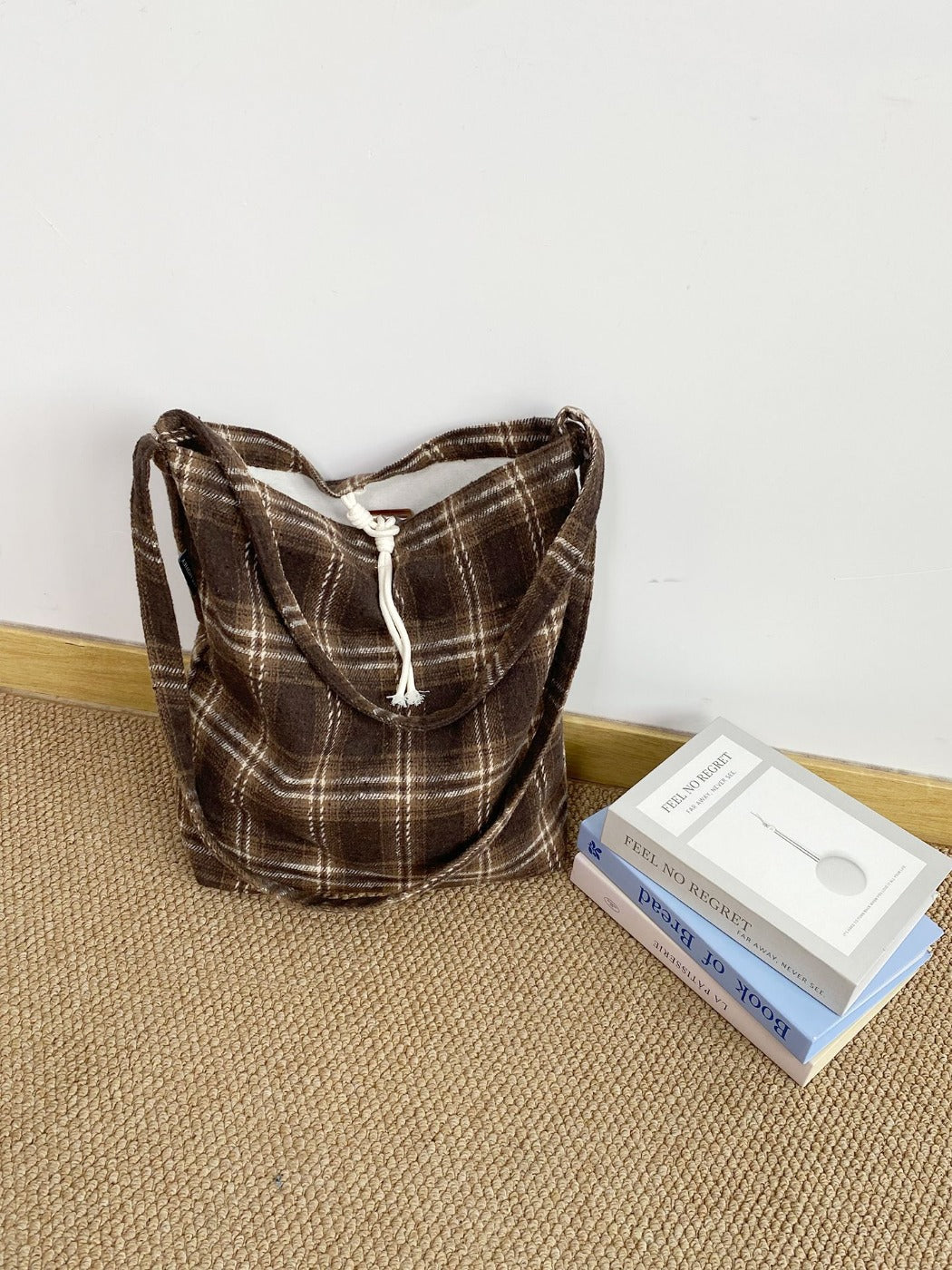 Cosbai – Vintage Plaid Tote with Knotted Detail